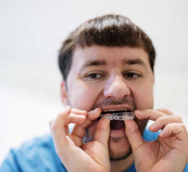 Mężczyzna aplikuje nakładki Invisalign na zęby