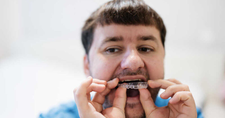Mężczyzna aplikuje nakładki Invisalign na zęby